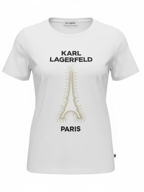 Karl Lagerfeld White Tee with Gold Eiffel Design and Black Logo
